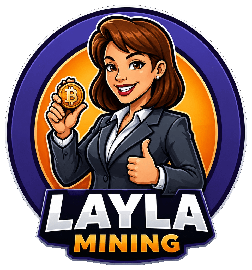 Layla Mining mascot holding a Bitcoin